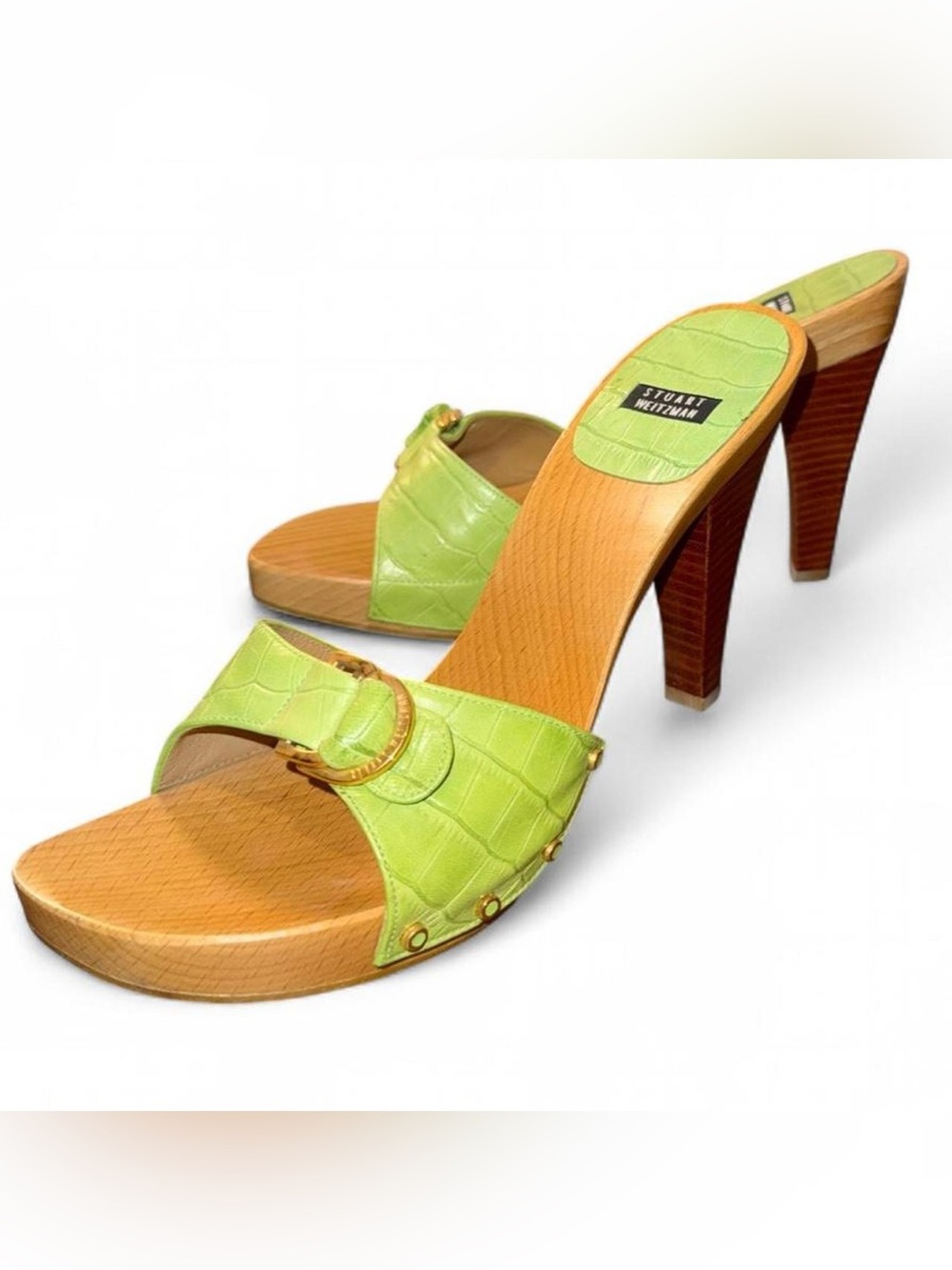 Y2K Stuart Weitzman Lime Green Croc-Embossed Leather Wood Block Heel Mules